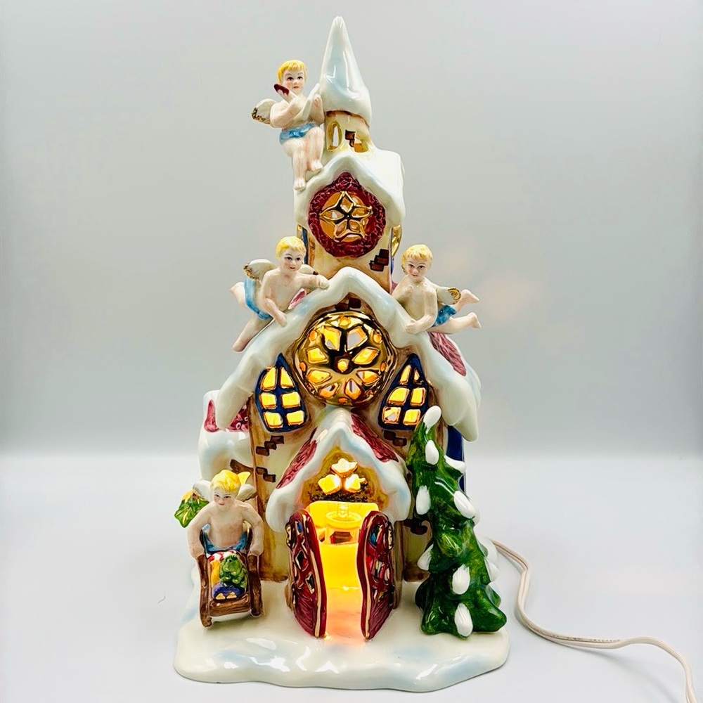 Grandeur Noel Vintage Lighted Ceramic Christmas Holiday Angels House 12” x7” x7”